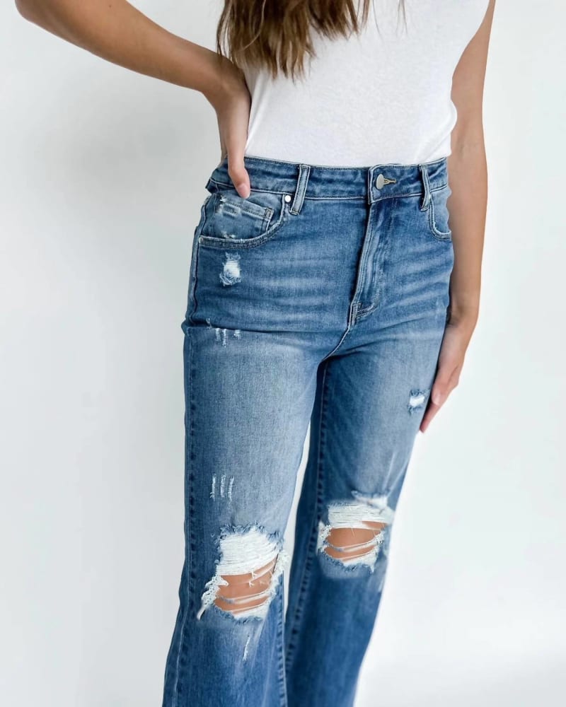 Front of a model wearing a size 1X Distressed Jeans in Blue in Blue by BLAKELEY. | dia_product_style_image_id:326059